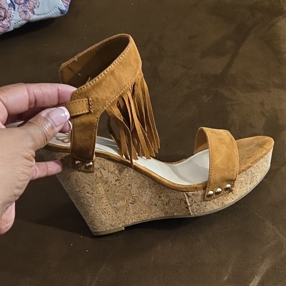 Fringe Tan Wedge Sandals
